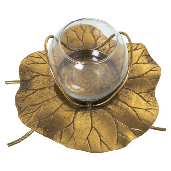 Portacandela In Metallo E Vetro - Dorato- 20x19x13/14cm, Vaso:ø10x8cm