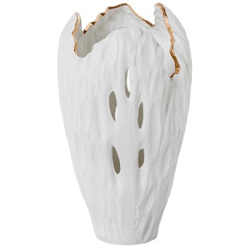 Jarrón Calado Cerámica 39cm Blanco Arena/dorado 22x22x39cm