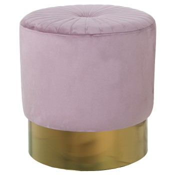 Pink Velvet Pouffe Ottoman With Golden Steel Band 12cm- Ø40x43cm, Poliéster/dm+pino