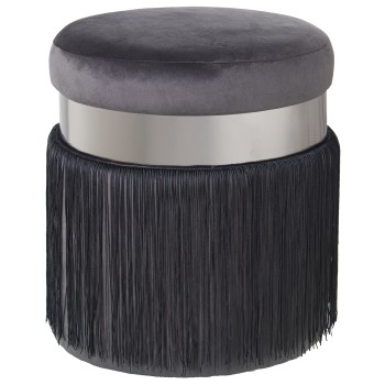 Pouf En Velours Gris Avec Franges -bande En Acier Argenté 7cm - Dm/polyester- Ø40x44cm, Flecos:29cm