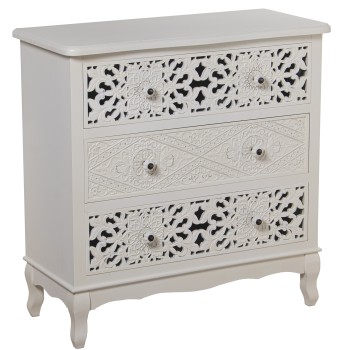 Commode En Bois Avec 3 Tiroirs Taillés - Blanc- 75x34x76cm, Abeto+pino+dm