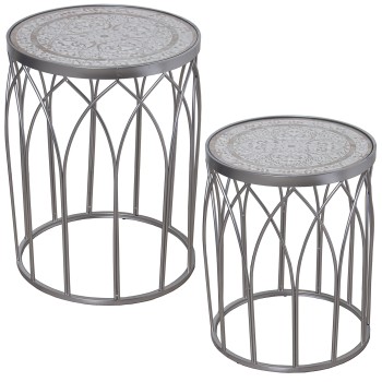 Set 2 Mesas Auxiliares Metal Plateado/madera Tallada C/crist Ø45x60+ø40x50cm, Madera:dm