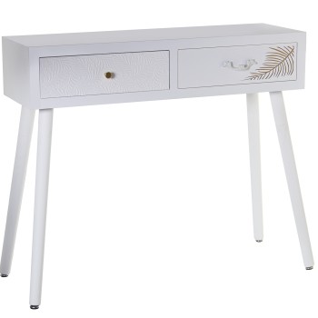 Mesa Entrada Madera C/2 Cajones Blanco Relieve+hoja Dorada 90x30x78cm, Abeto+dm