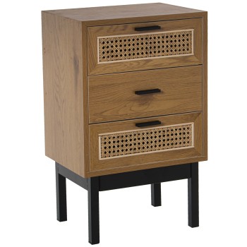 Wooden And Wicker Nightstand Of 3 Drawers + Metal Legs- 40x30x65cm, Dm+melamina Fresn