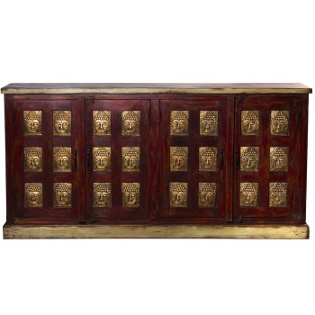 Red & Golden Buddhas Mango Wood Sideboard W/4 Doors 180x40x90cm