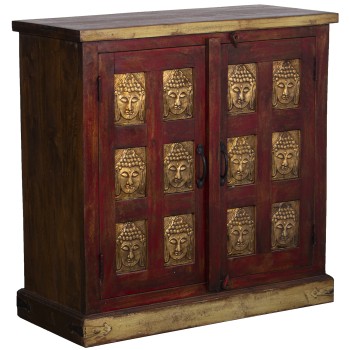 Red & Golden Buddhas Mango Wood Console W/2 Doors 90x40x90cm