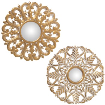 Retablo Madera Calado Dorado/blanco C/espejo Decorativo Surt Ø40x1,5cm, Madera: Dm