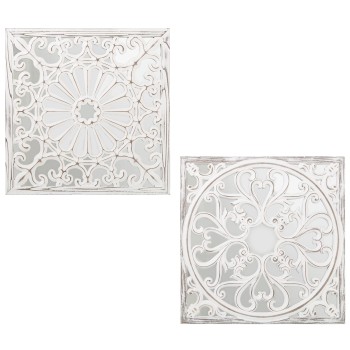 Decorazioni Da Parete In Legno Traforato E Specchio - Bianco Decapato E Grigio 60x60x1,8cm