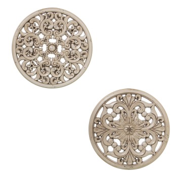 Aged White Wooden Fretwork Wall Decorations Ø30x1,8cm, Madera: Dm