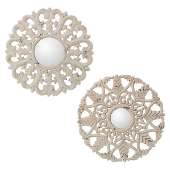 Decorazioni Da Parete In Legno Traforato Con Specchio - Bianco Invecchiato Ø40x1,5cm, Made