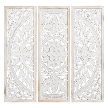 Set 3 Retablos Madera Calada 30x90cm Blanco Decapé, Tríptico 90x2x90cm Composición Final