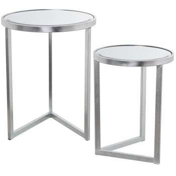Set De 2 Tables En Métal - Argenté Avec Plateau De Table Miroir- Ø42x54cm+ø36x48