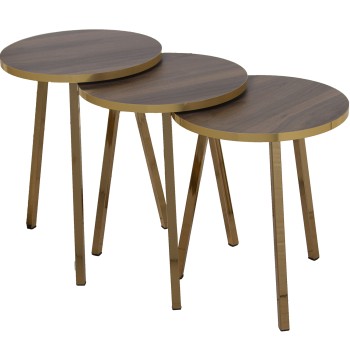 Set 3 Tables D´appoint Bois Pieds Metal Dore- _ø38x51+ø38x48+ø38x45cm