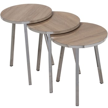 Set 3 Tables Bois Pieds Metal Chrome- _ø38x51+ø38x48+ø38x45cm