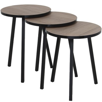 Set 3 Tables Bois Pieds Metal Noir- _ø38x51+ø38x48+ø38x45cm