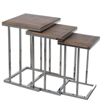 Set 3 Mesas Aux. Madera Patas Metal Cromado, Tablero Bisela 40x40x60+35x35x56+29x29x50cm
