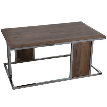 Mesa Centro Madera Metal Cromado, Tablero Biselado 99x59x45cm, Color Nogal