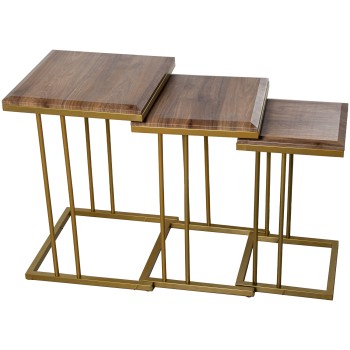 Set 3 Mesas Aux. Madera Cl.roble Patas Doradas, Req. Montaje 40x40x60+35x35x55+29x29x50cm