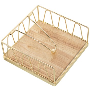 Porte-serviettes En Métal Doré Avec Base En Bois- 18x18x8cm