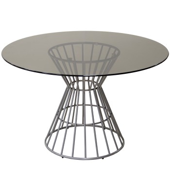 Round Dining Room Table With Smoke Grey Glass Ø120x76cm, Silver Metal Base