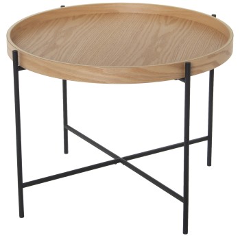 Natural Wooden And Black Metal Legs Side Table- Ø62x45cm,madera:dm+chapa Robl