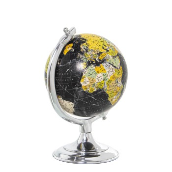 Globo Terráqueo Aluminio Brillo, Globo:ø15cm, Negro 16x15x25cm, Base:ø13cm