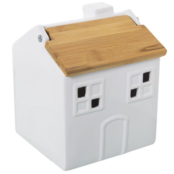 Bote Ajos Ceramica Blanca C/tapa Madera Bambu 16x15x19cm