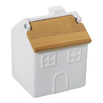 White Ceramic Salt Cellar With Bamboo Lid 12x11x15cm