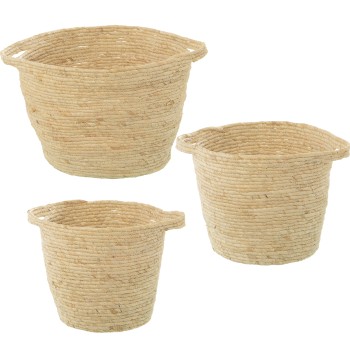 Set 3 Cestos Hojas De Maiz Natural Ø38x30cm Ø33x28cm Ø28x26cm