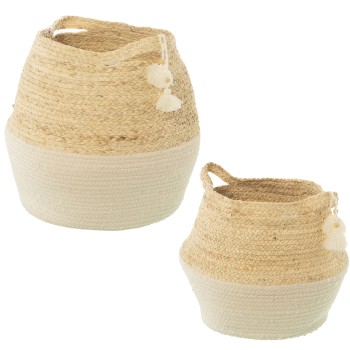 Set 2 Cestos Hojas De Maíz/algodón Natural/blanco Ø30x38cm Ø24x31cm