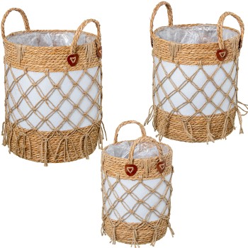 Set 3 Cestos Mimbre Natural Tela Blanca C/flecos Ø33x43+ø30x37+ø24x31cm