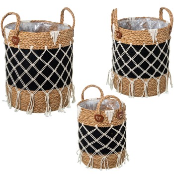 Set 3 Cestos Mimbre Natural Tela Negra C/flecos Ø33x43+ø30x37+ø24x31cm