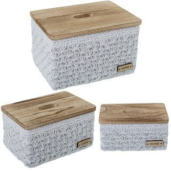 Set 3 Scatole Portaoggetti In Tessuto Bianco Con Coperchio In Legno 35x26x21+31x21x16+25x15x12cm