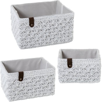 Set 3 Cestas Almacenamiento Tela Blanca 31x25x19+28x21x17+23x17x15cm