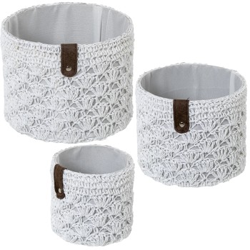 Set 3 Cestas Almacenamiento Tela Blanca Ø23x18+ø19x16+ø14x13cm