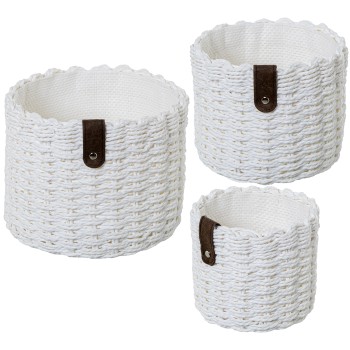 Set 3 Cesti Portaoggetti In Tessuto Bianco Ø23x18+ø19x16+ø14x13cm