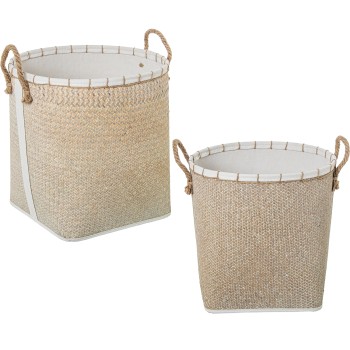 Set 2 Paniers En Osier Naturel/tissu Blanc Ø40x53+ø36x48cm