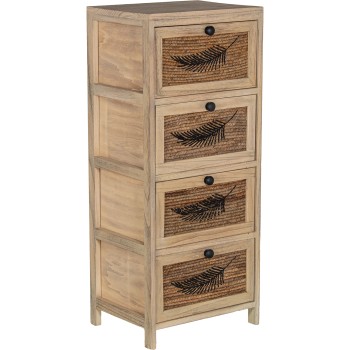 Cajonera Madera C/4 Cajones Mimbre Deco. Hoja, Madera Paulow 40x30x94cm Cajones:36x28x19cm