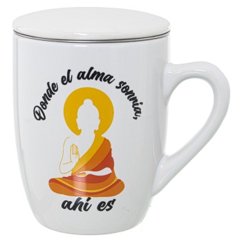 Mug Infusión Cerámica C/filtro Acero Inox. Buda Donde El Al Ø8,5x11cm, 375ml