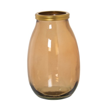 Jarrón Vidrio Reciclado 28cm Marrón Filo Dorado Ø18x28cm Boca:ø9cm