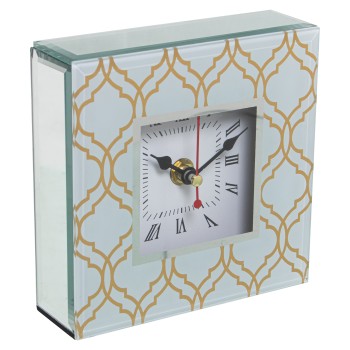 Green And Golden Glass And Wooden Tabletop Clock- 14x4,5x14cm,1xaa No Inclu