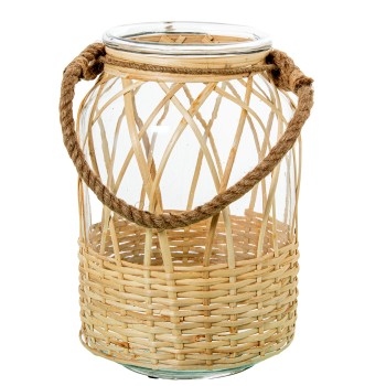 Portavelas Cristal/mimbre C/asa Cuerda Ø21x30cm