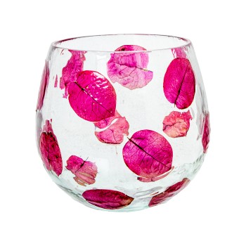 Portavelas Cristal C/hojas Rosa Ø10x10cm