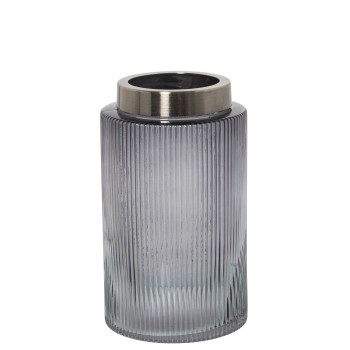 Jarrón Cristal Gris Borde Metal Dorado Ø12x20cm, Boca Metal:ø9cm