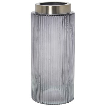Jarrón Cristal Gris Borde Metal Dorado Ø12x26cm, Boca Metal:ø9cm