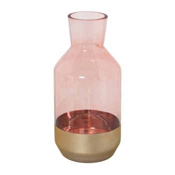 Vaso In Vetro - Rosa E Dorato- Ø12x25cm, Boca:ø7cm-base:10cm