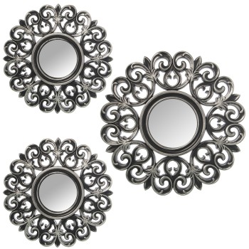 Set 3 Adornos Pared Melamina Plateada C/espejo 1xø35cm, 2xø25cm