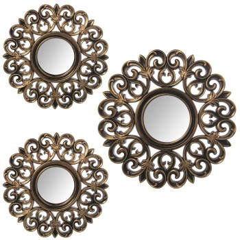 Set 3 Adornos Parede Melamina Dorada C/espejo Ø35cm-1pz, Ø25cm-2pzs