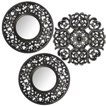 Set 3 Adornos Pared Melamina Plateada C/espejo Ø25cm (1 Sin Espejo)