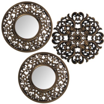 Set 3 Adornos Pared Melamina Dorada C/espejo Ø25cm (1 Sin Espejo)